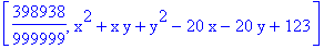 [398938/999999, x^2+x*y+y^2-20*x-20*y+123]